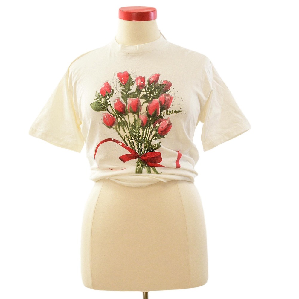 80s Vintage Rose Print Graphic Tee Womens L White Crop Top Valentines Day TShirt